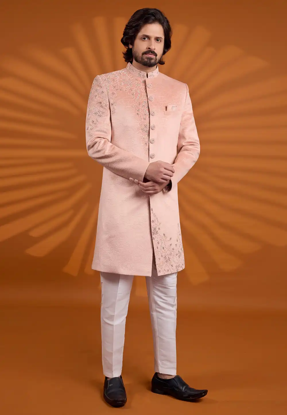Peach Velvet Achkan Style Sherwani 330255