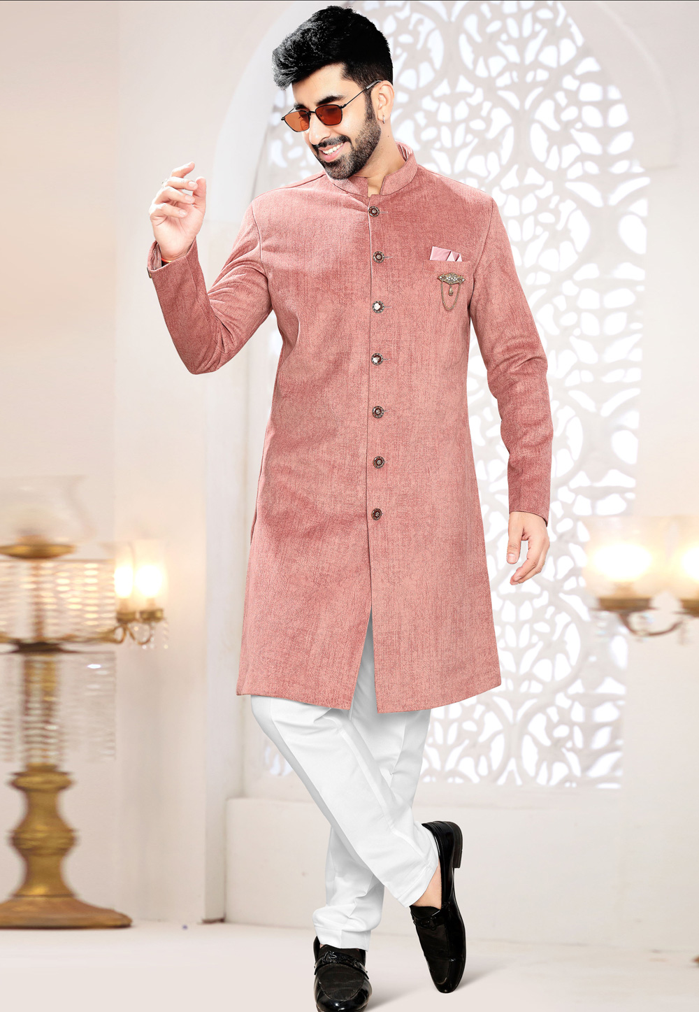 Peach Velvet Indo Western Suit 306423