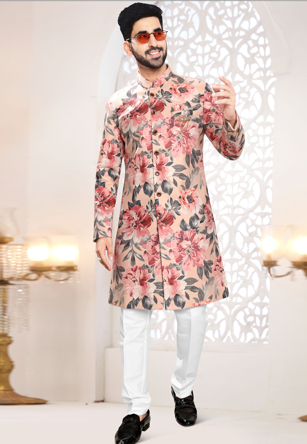 Peach Velvet Indo Western Suit 306442