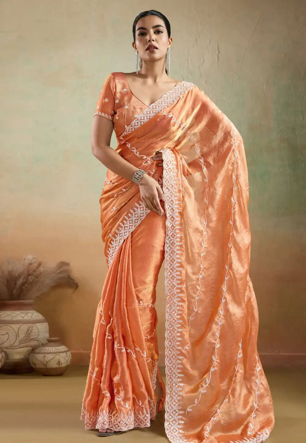 Peach Velvet Saree With Blouse 316998