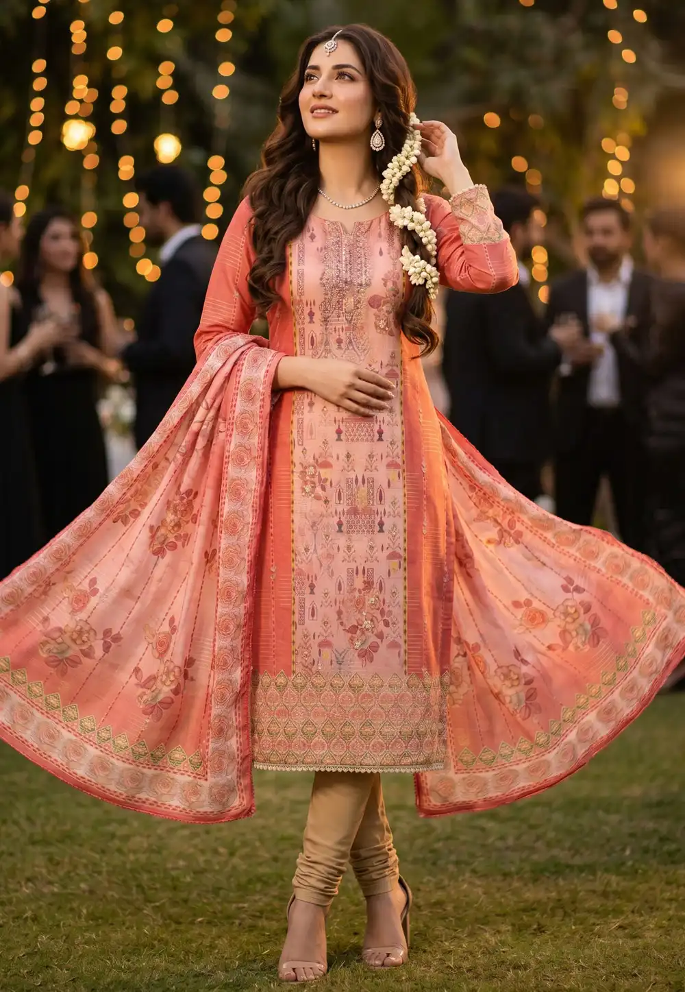 Peach Viscose Churidar Suit 328375