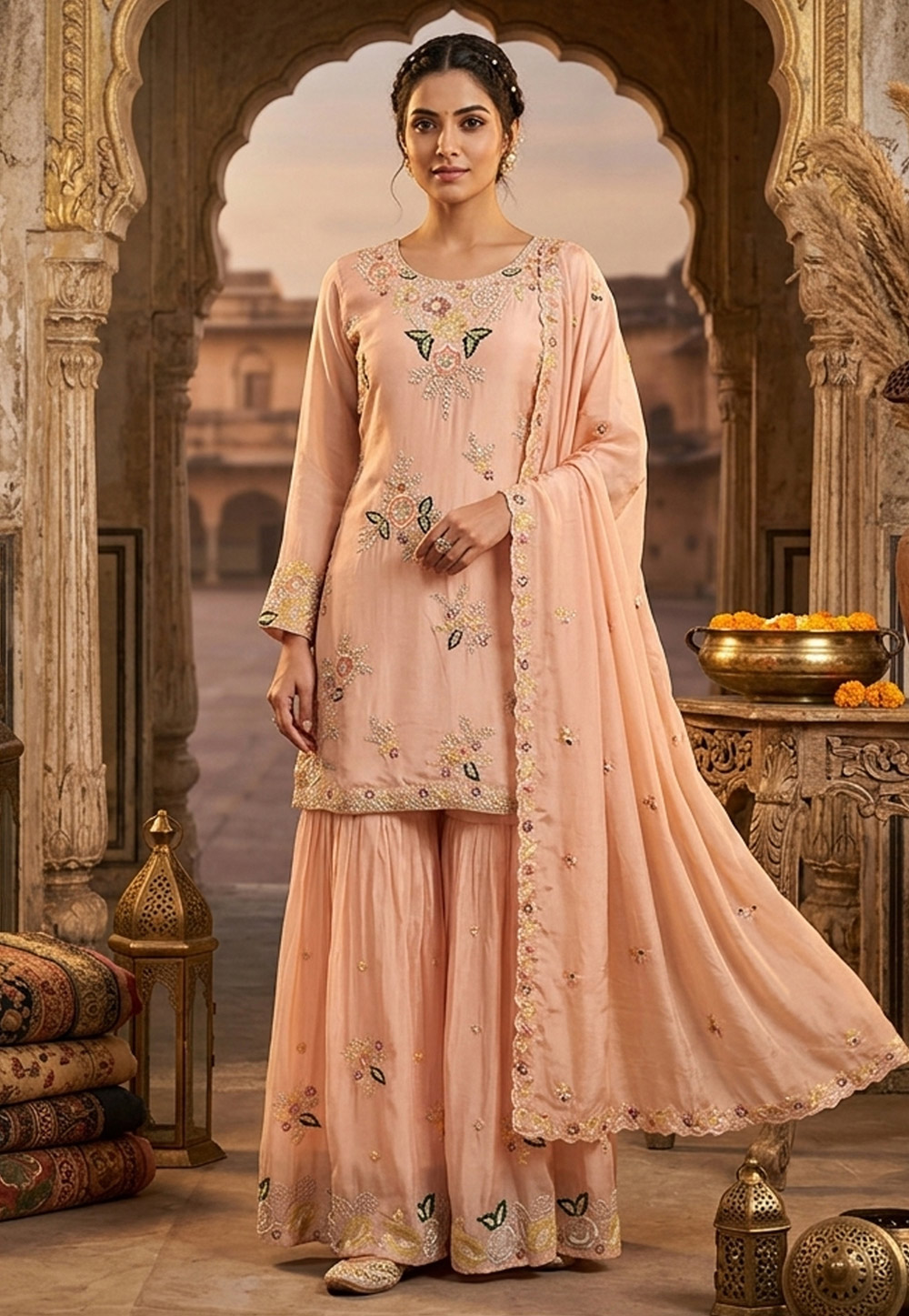 Peach Viscose Crepe Readymade Gharara Suit 326827