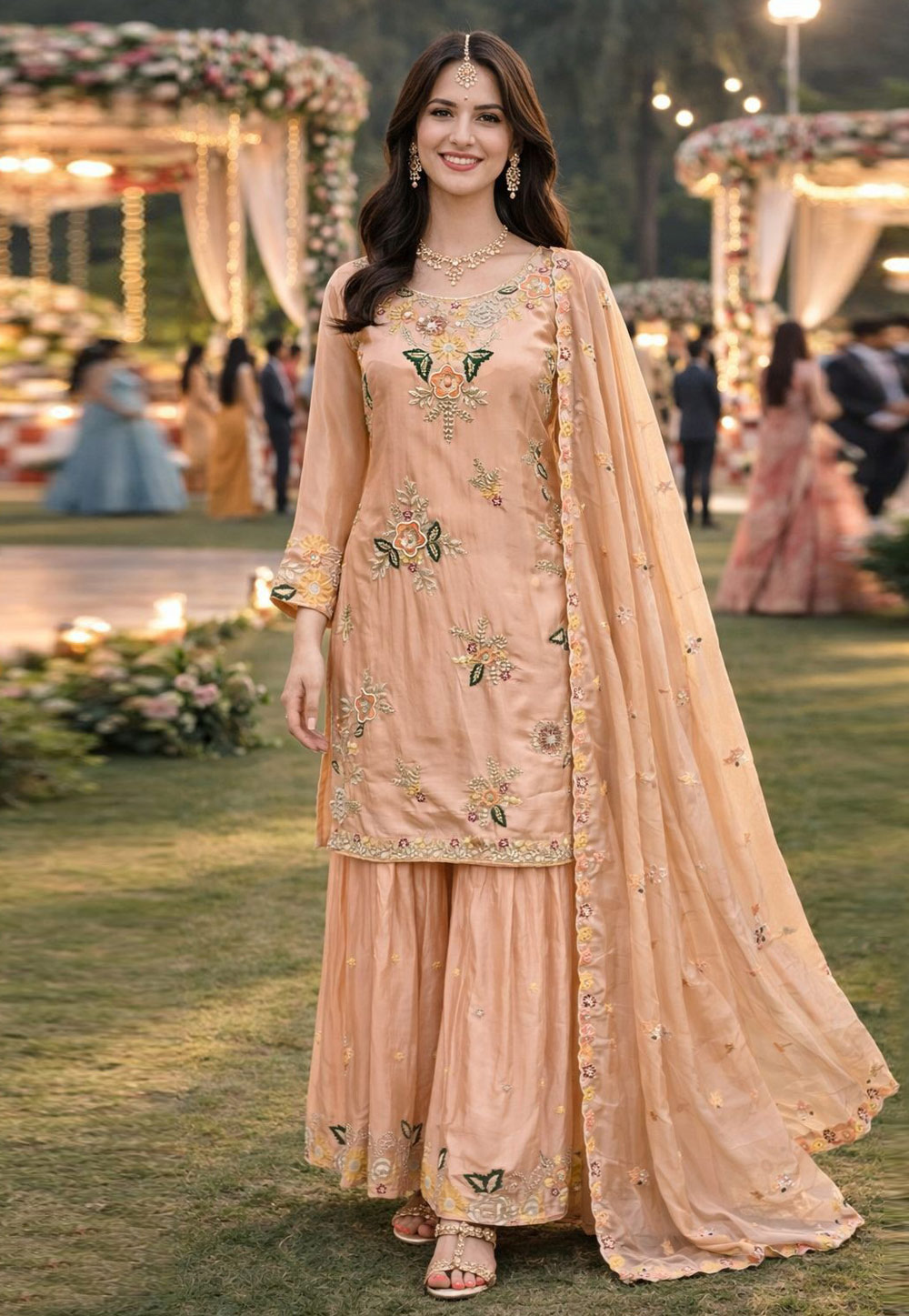 Peach Viscose Crepe Readymade Gharara Suit 325551