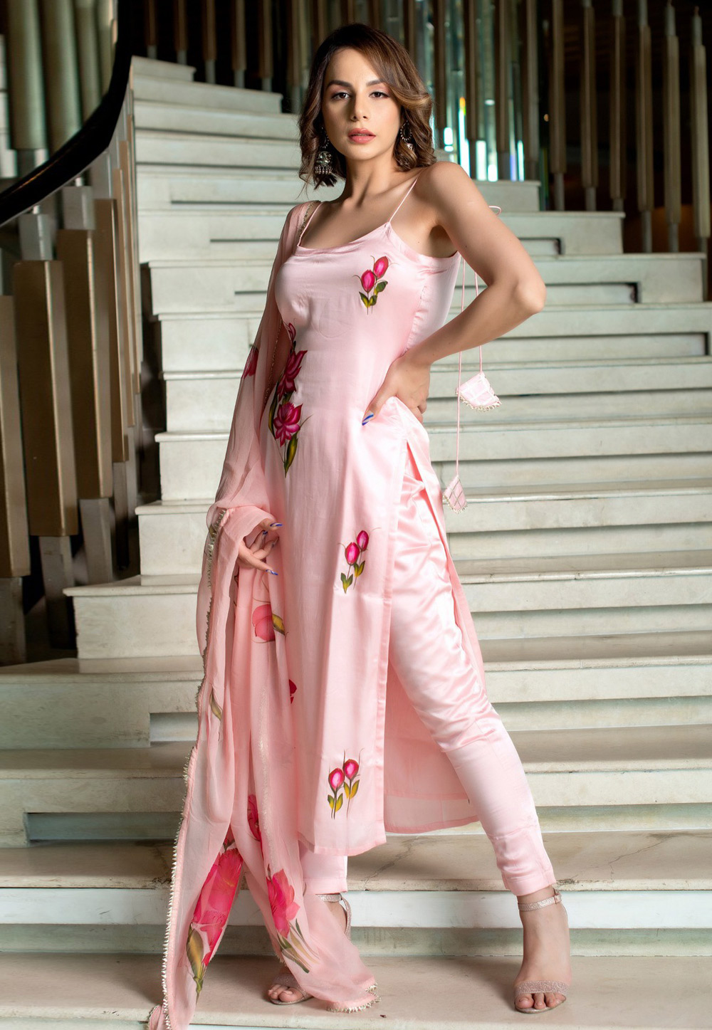 Peach Viscose Crepe Readymade Pant Style Suit 308782