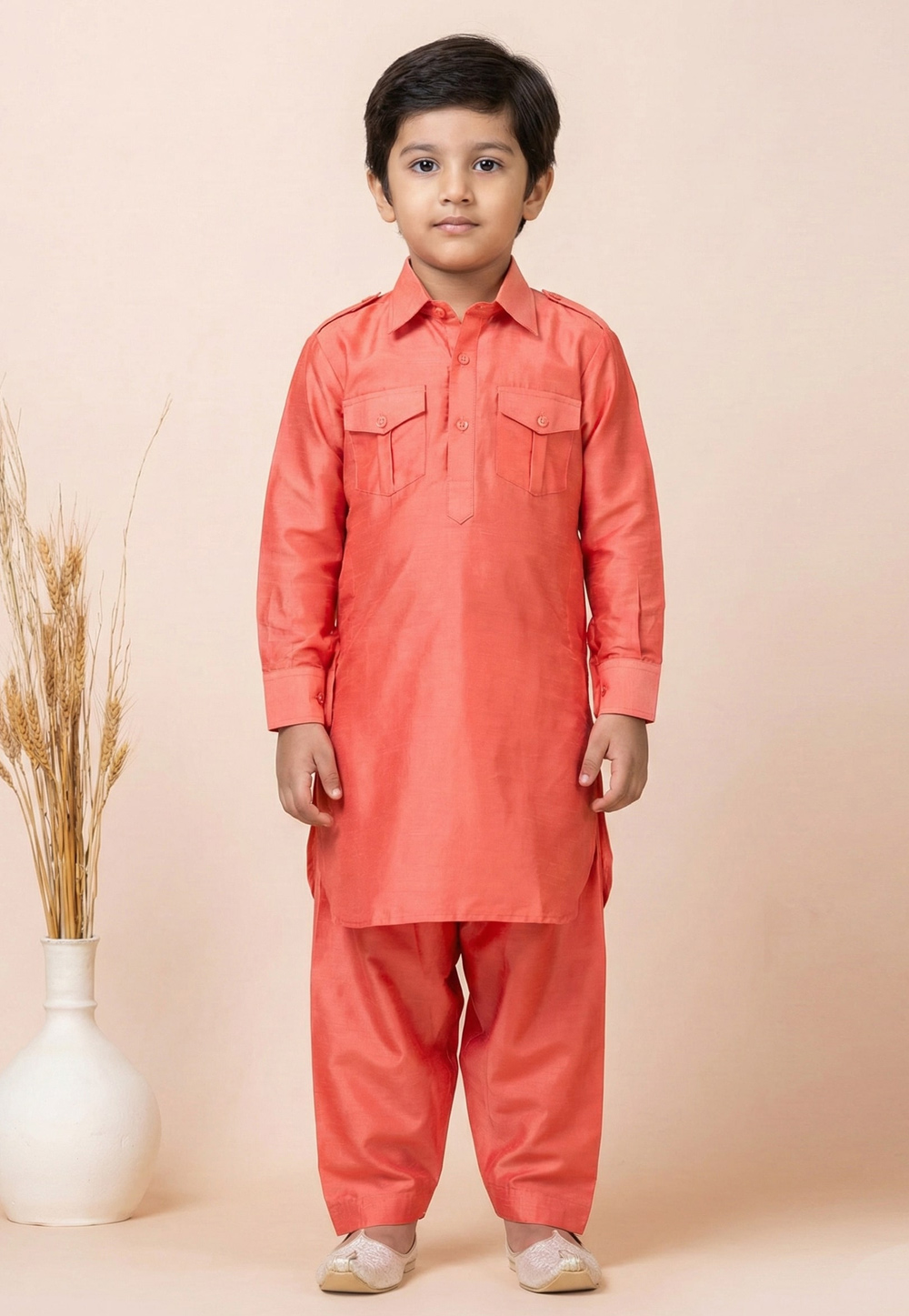 Peach Viscose Kids Pathani Suit 322090