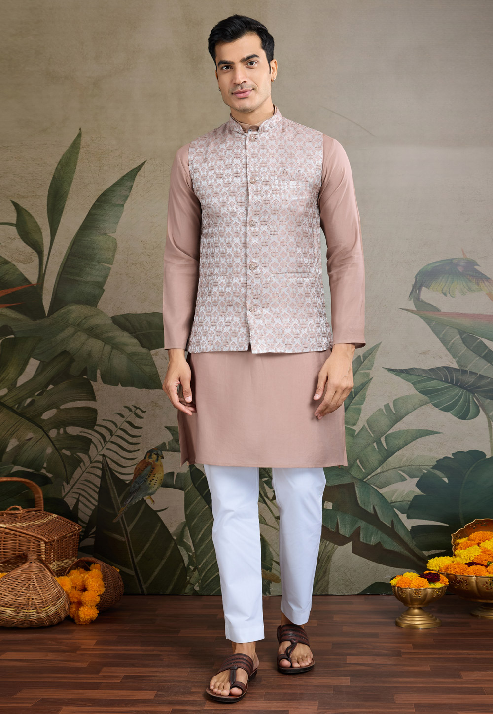 Peach Viscose Kurta Pajama With Jacket 311693