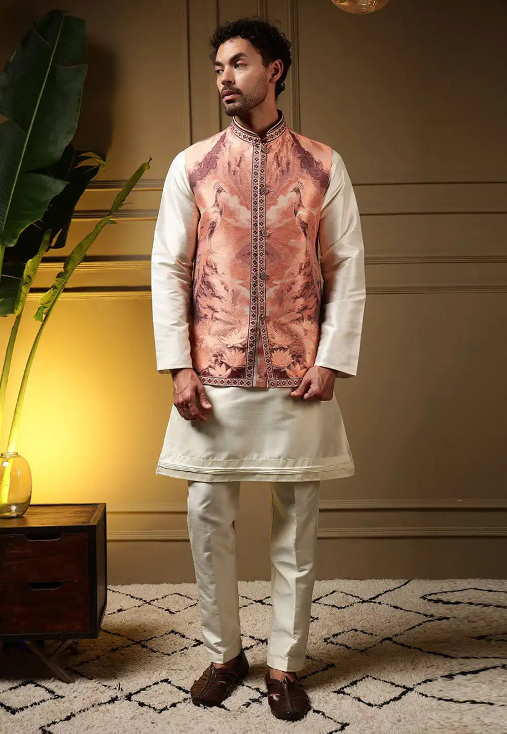 Peach Viscose Kurta Pajama With Jacket 325853