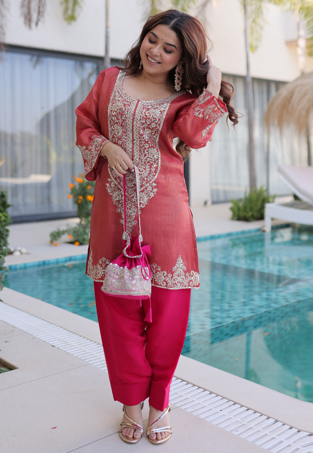 Peach Viscose Kurta Set With Palazzo 326551