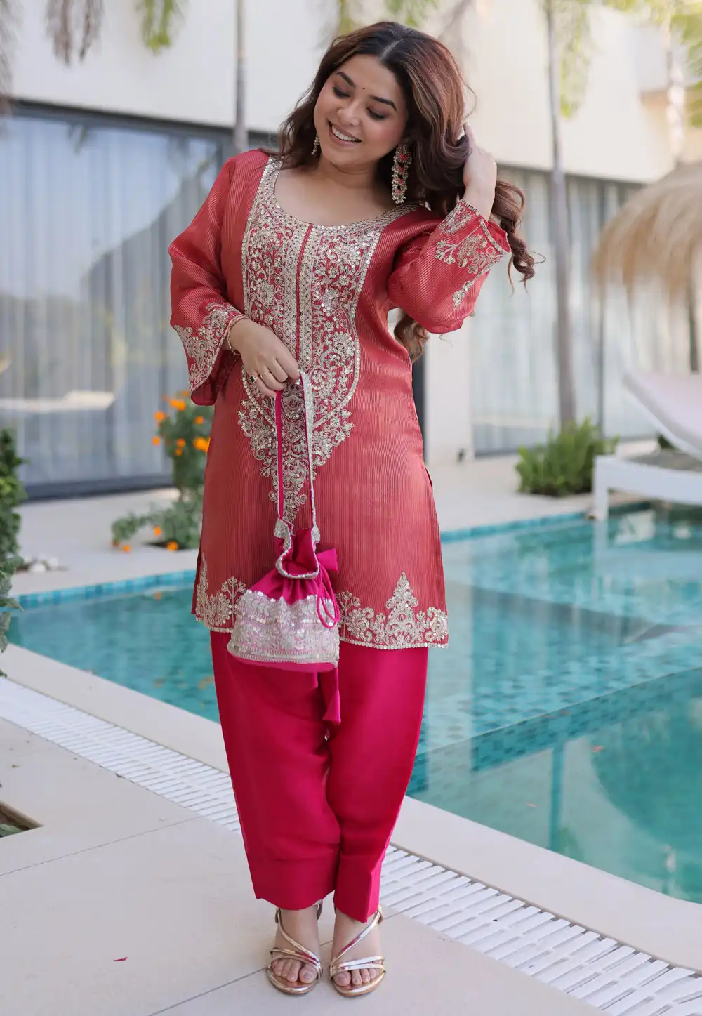 Peach Viscose Kurta Set With Palazzo 326551