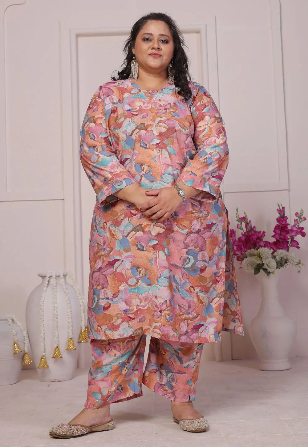 Peach Viscose Kurta Set With Palazzo 336965
