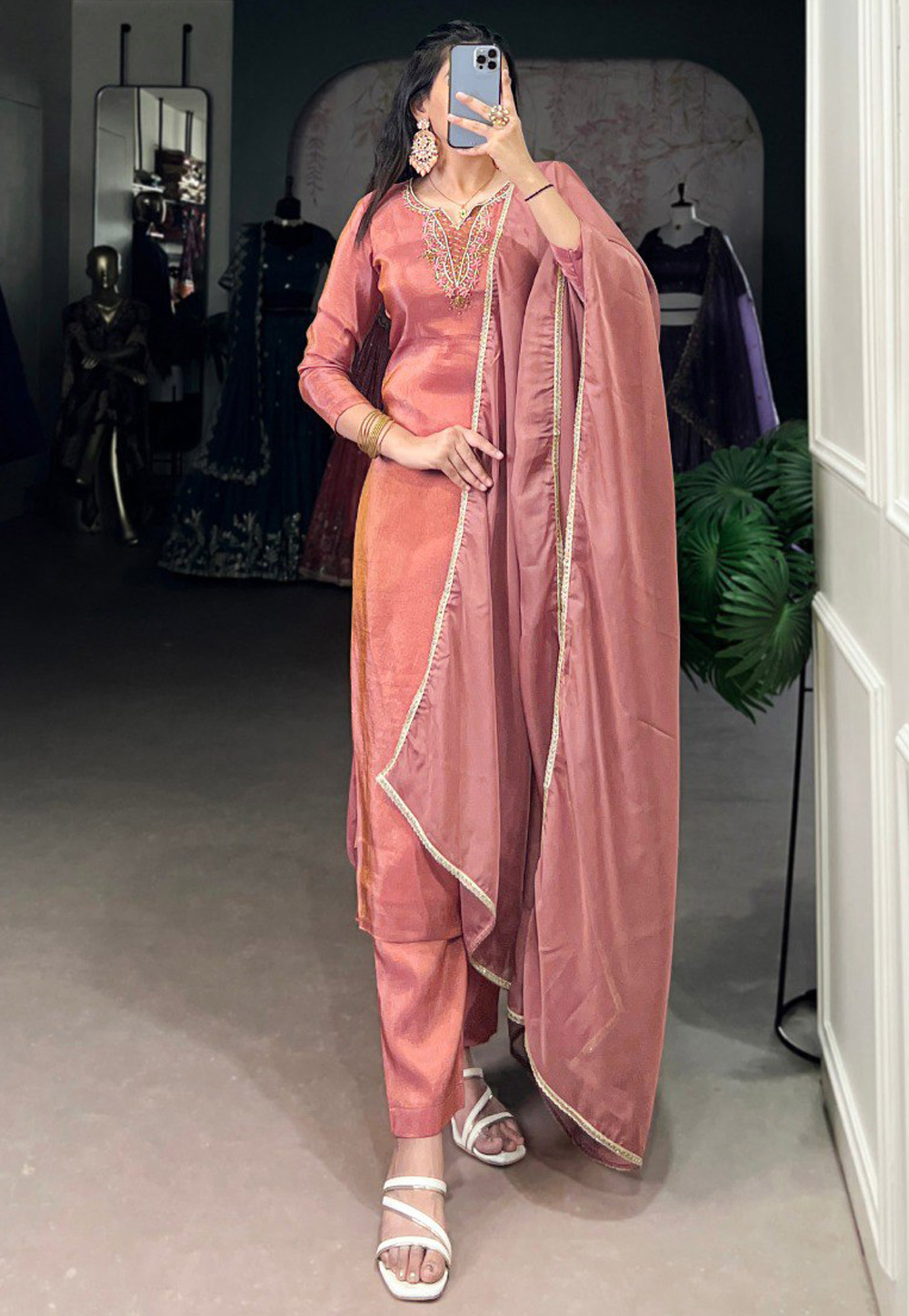 Peach Viscose Readymade Pant Style Suit 311165