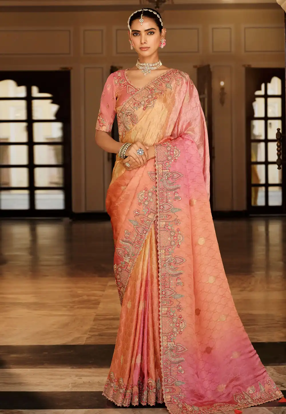 Peach Viscose Saree With Blouse 317615