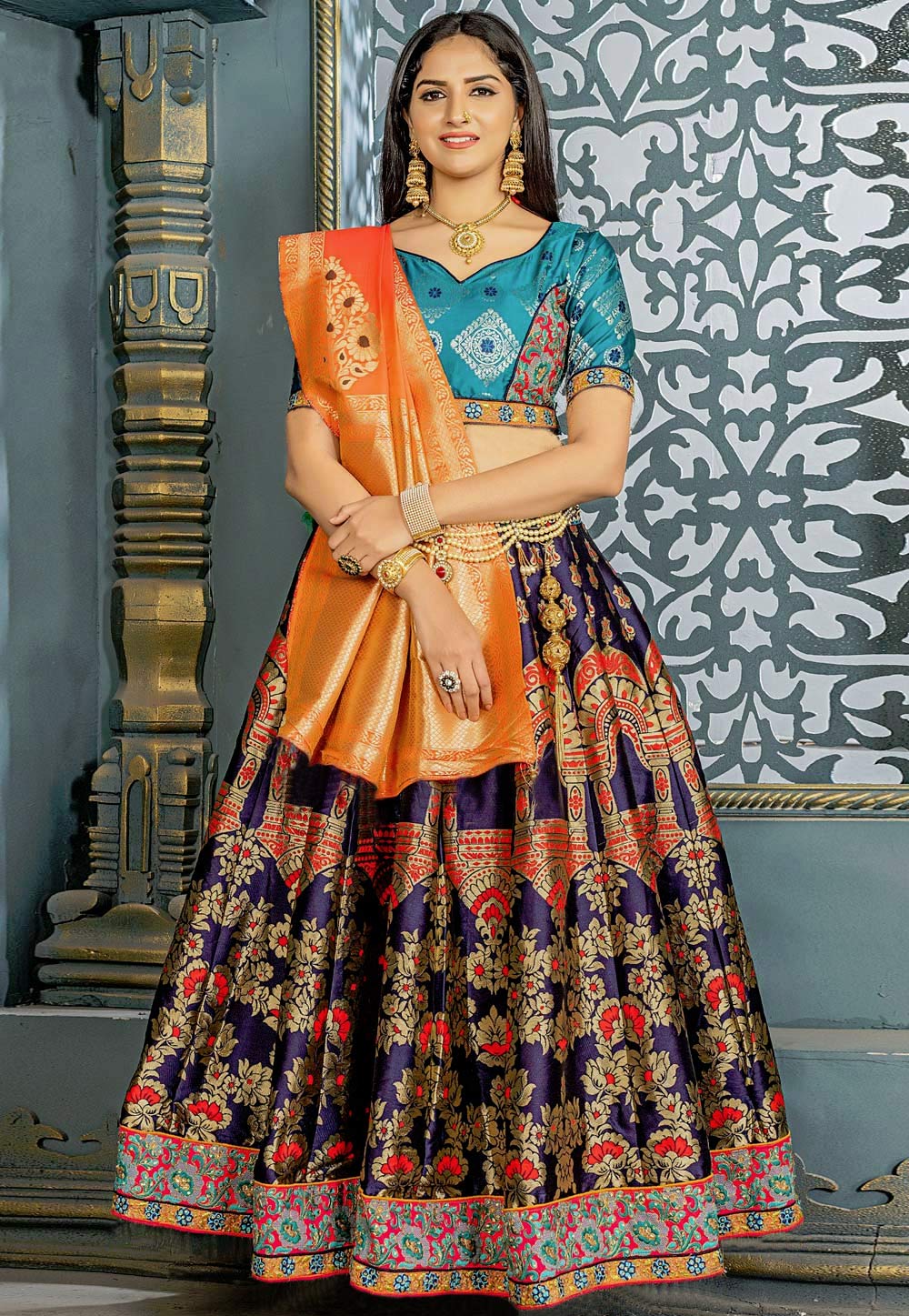 Blue Banarasi Silk Circular Lehenga Choli 184556