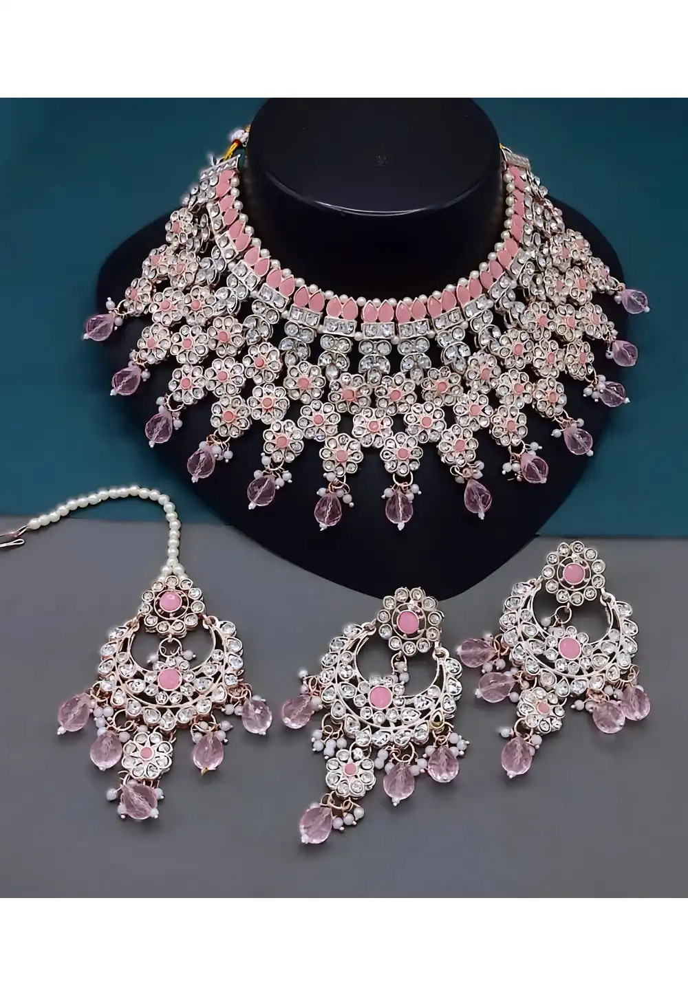 Pink Alloy Necklace Set With Earrings and Maang Tikka 328418