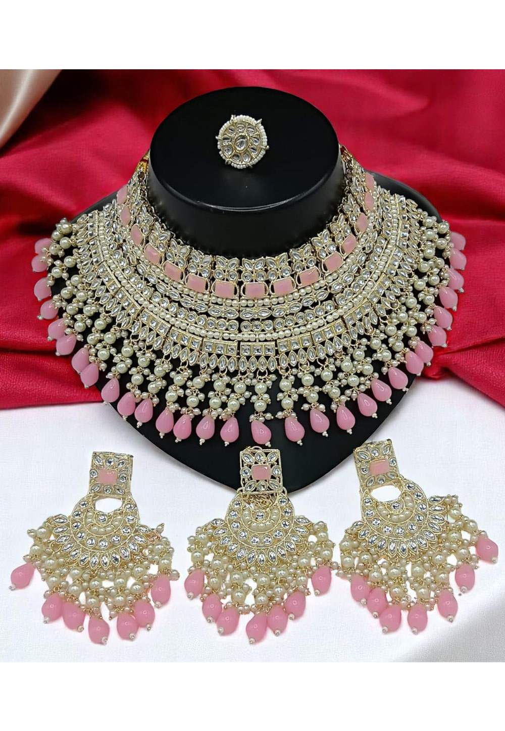 Pink Alloy Necklace Set With Earrings and Maang Tikka 328422