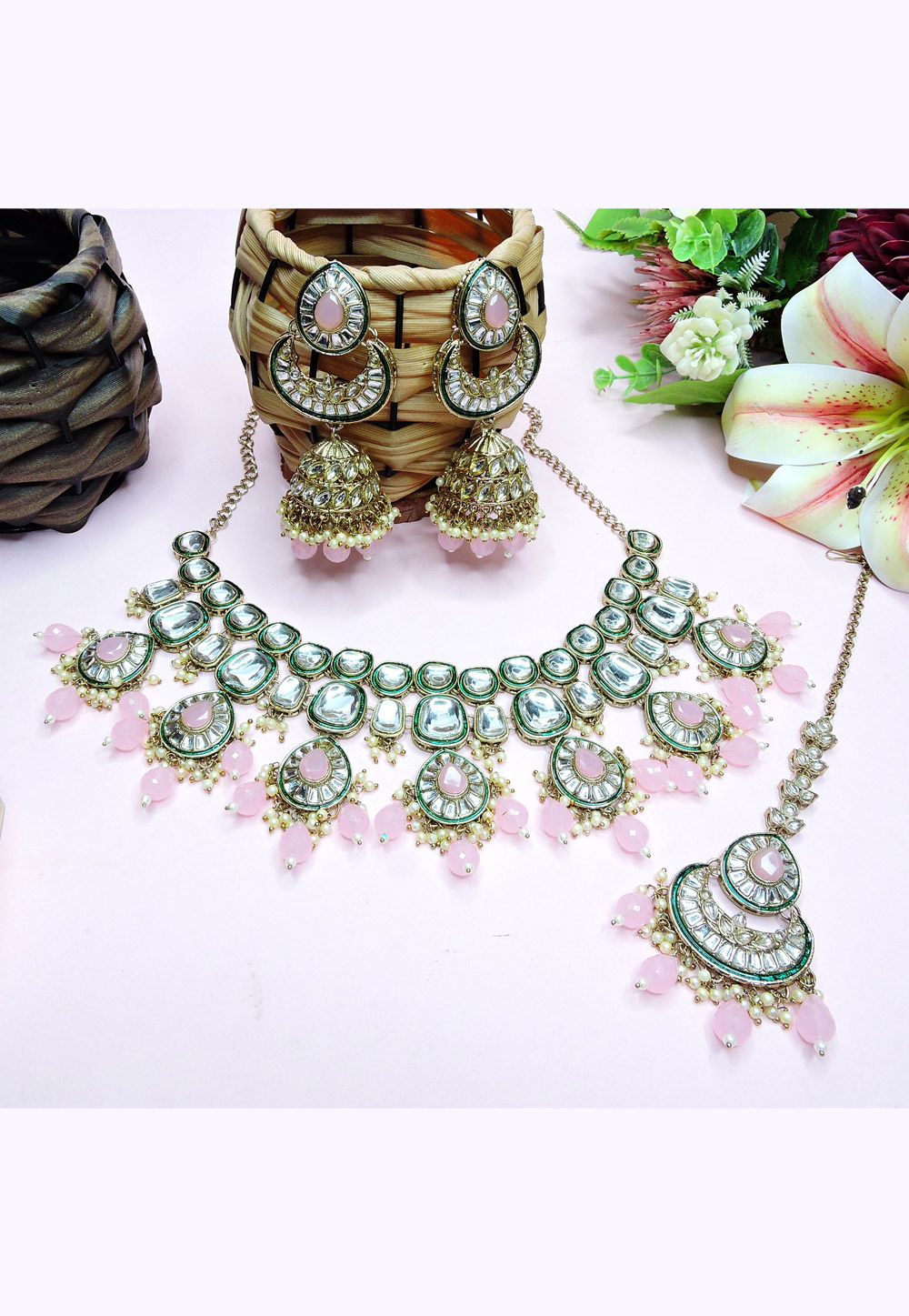 Pink Alloy Necklace Set With Earrings and Maang Tikka 312383