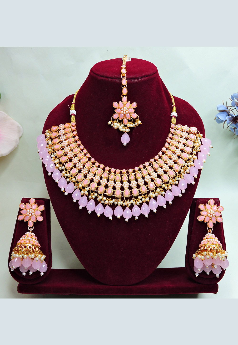 Pink Alloy Necklace Set With Earrings and Maang Tikka 312426