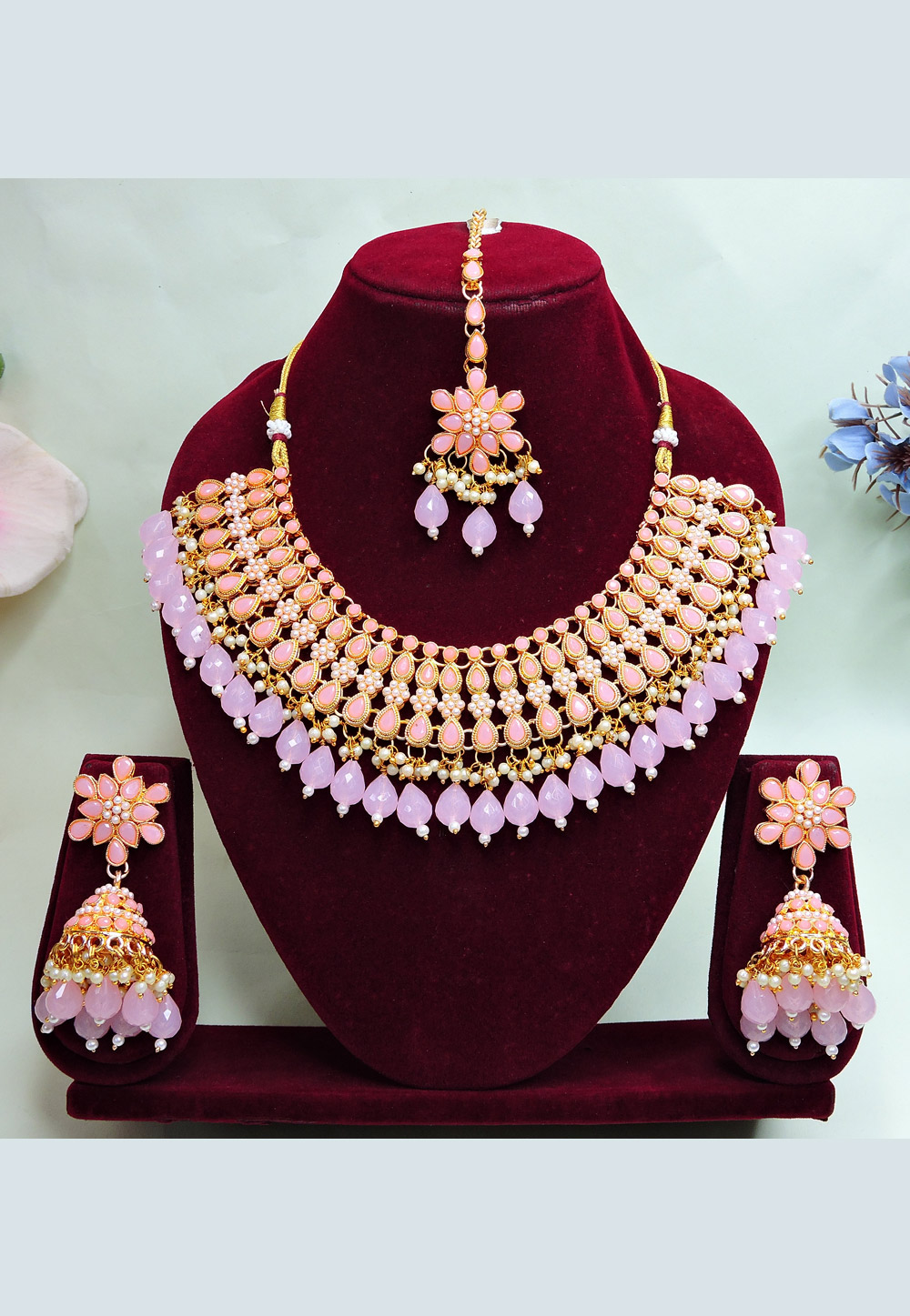 Pink Alloy Necklace Set With Earrings and Maang Tikka 312426