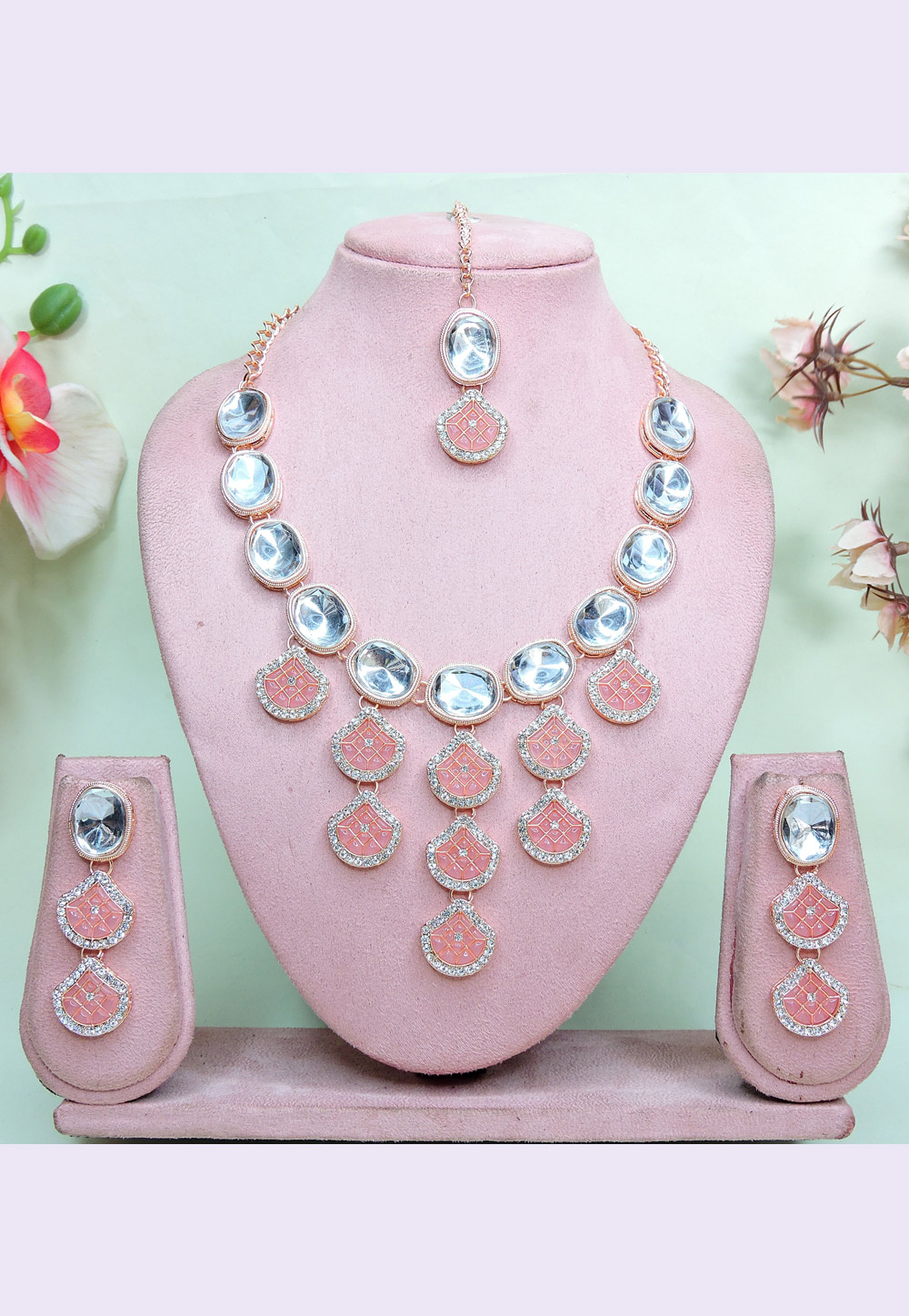 Pink Alloy Necklace Set With Earrings and Maang Tikka 312438