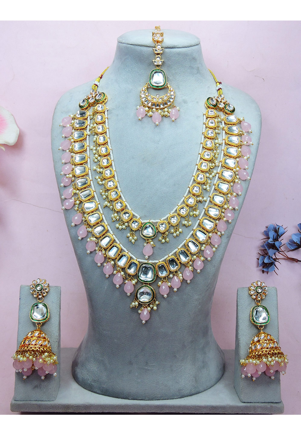 Pink Alloy Necklace Set With Earrings and Maang Tikka 312776