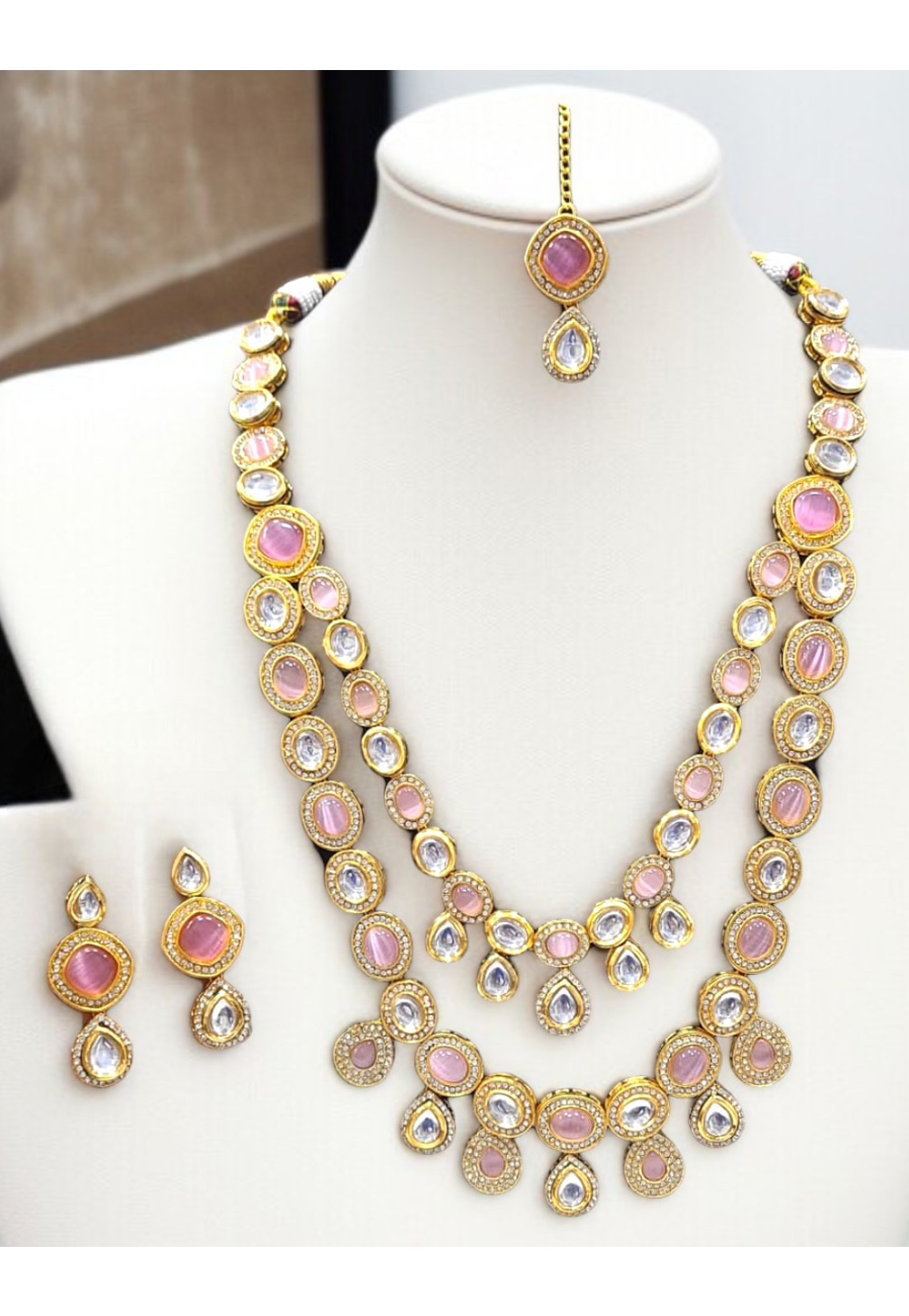 Pink Alloy Necklace Set With Earrings and Maang Tikka 313764