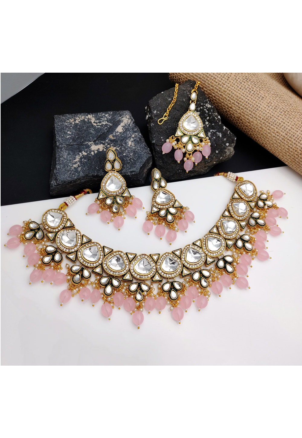 Pink Alloy Necklace Set With Earrings and Maang Tikka 315688