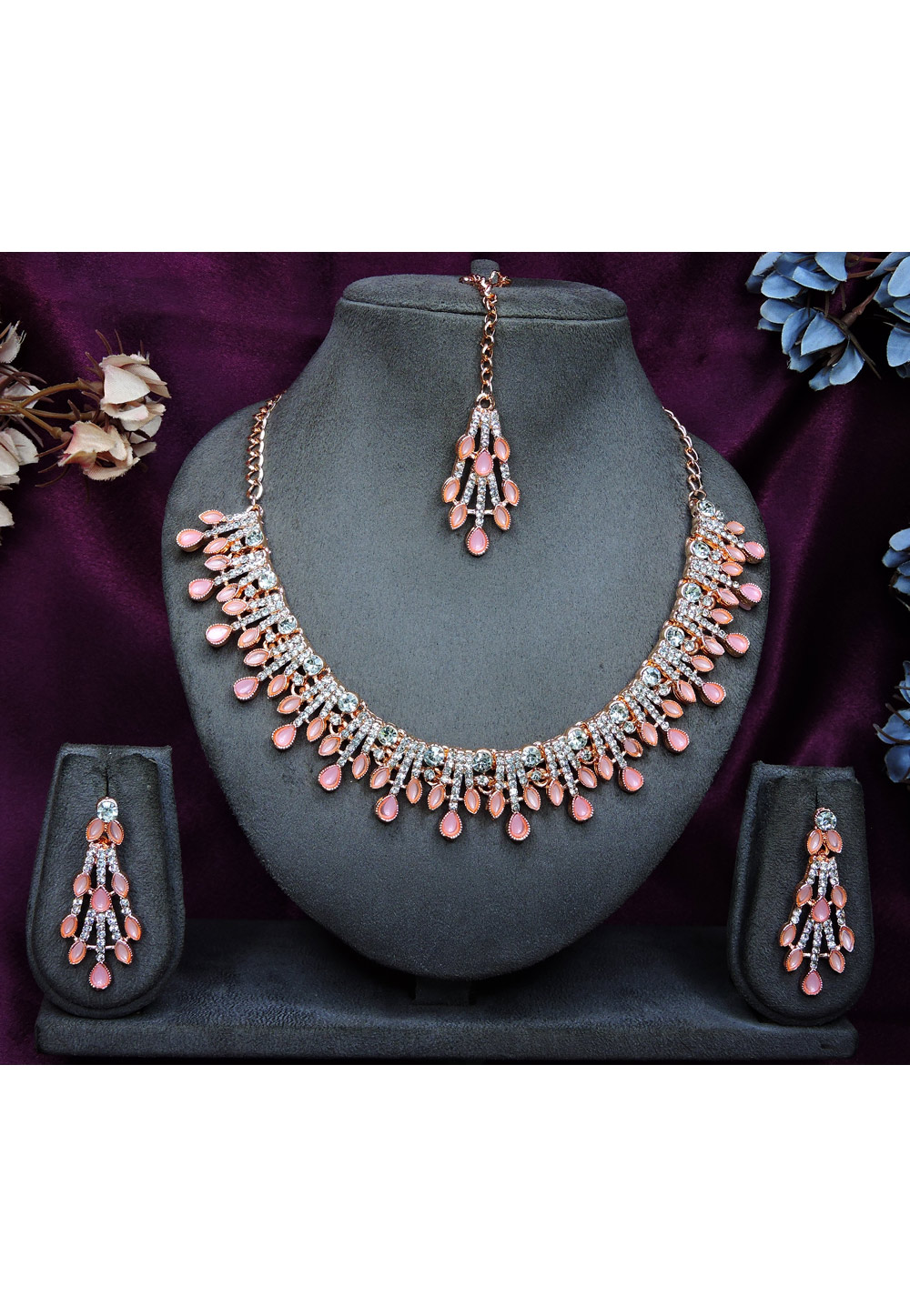 Pink Alloy Necklace Set With Earrings and Maang Tikka 328435