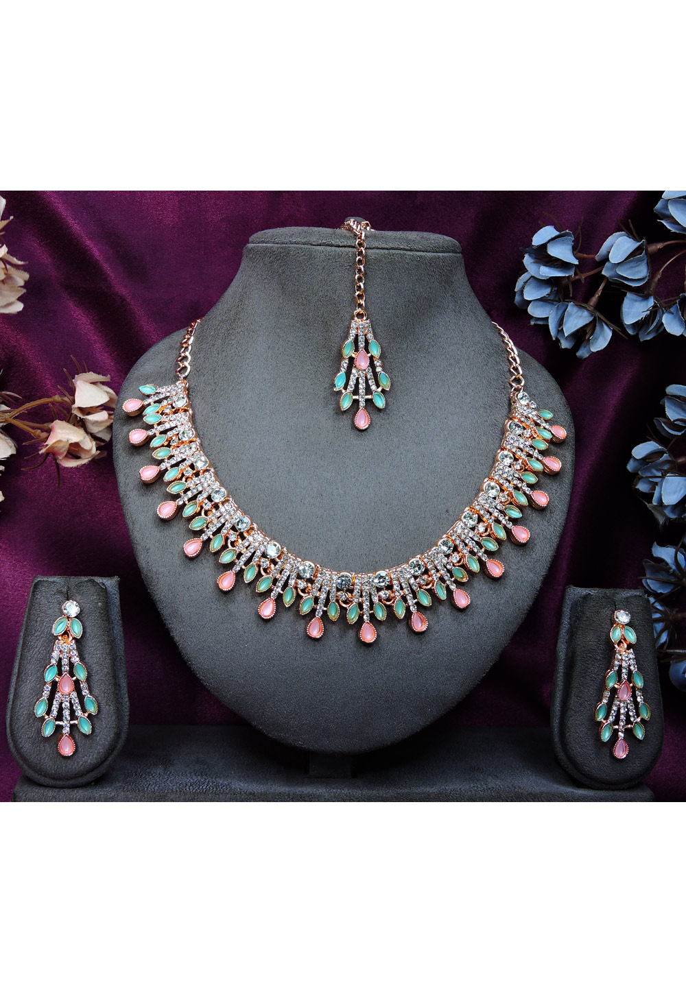 Pink Alloy Necklace Set With Earrings and Maang Tikka 328436