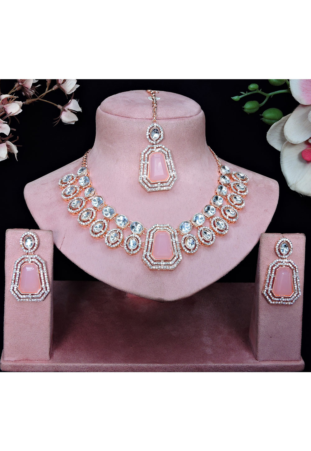 Pink Alloy Necklace Set With Earrings and Maang Tikka 329849