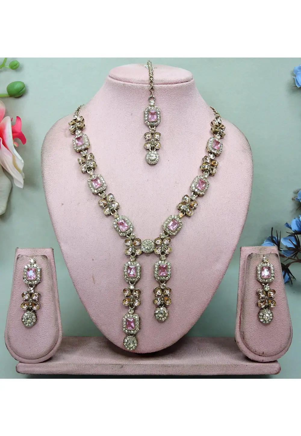 Pink Alloy Necklace Set With Earrings and Maang Tikka 336142