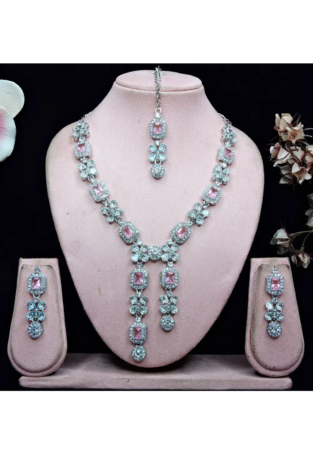 Pink Alloy Necklace Set With Earrings and Maang Tikka 336165