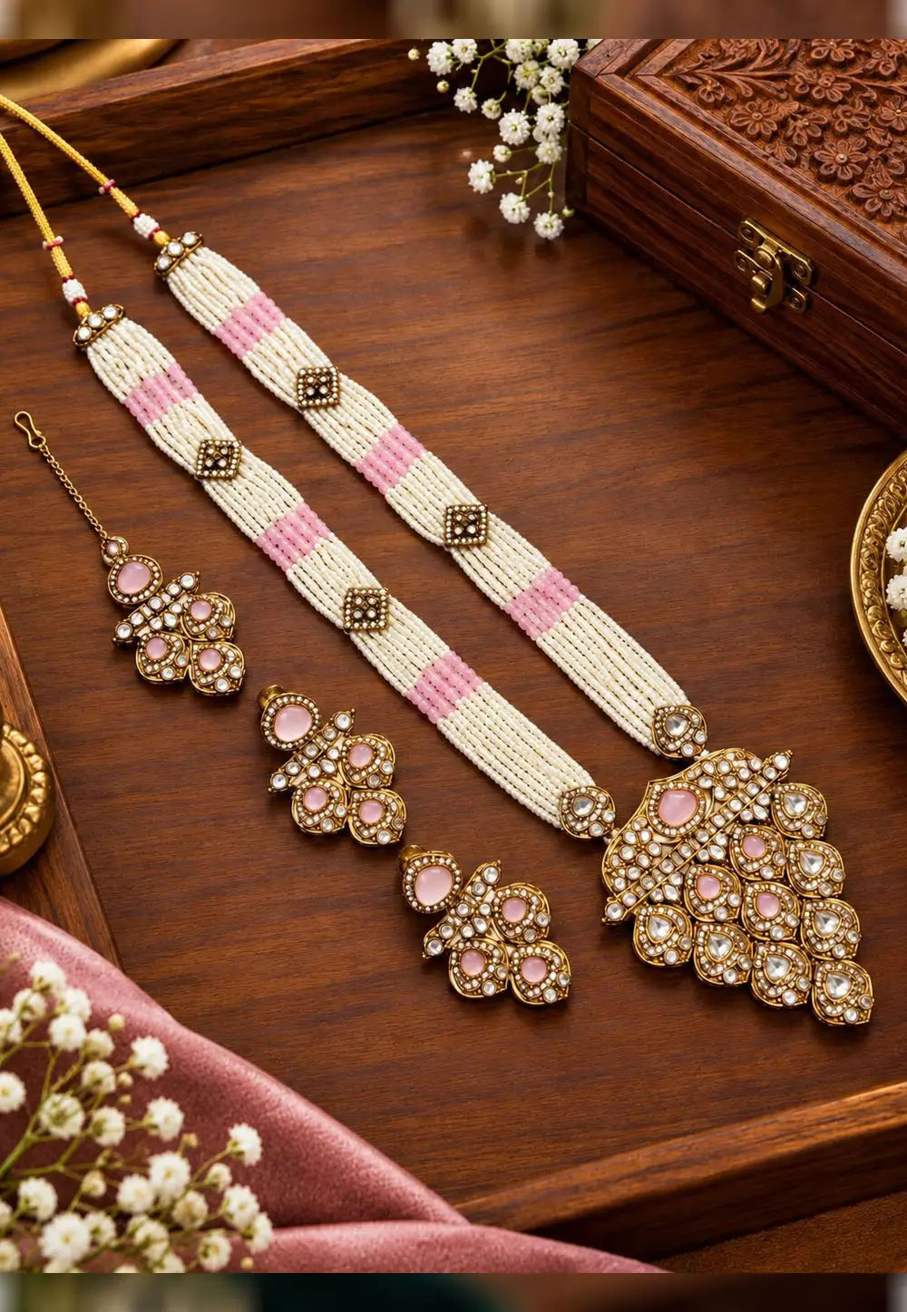 Pink Alloy Necklace Set With Earrings and Maang Tikka 336288