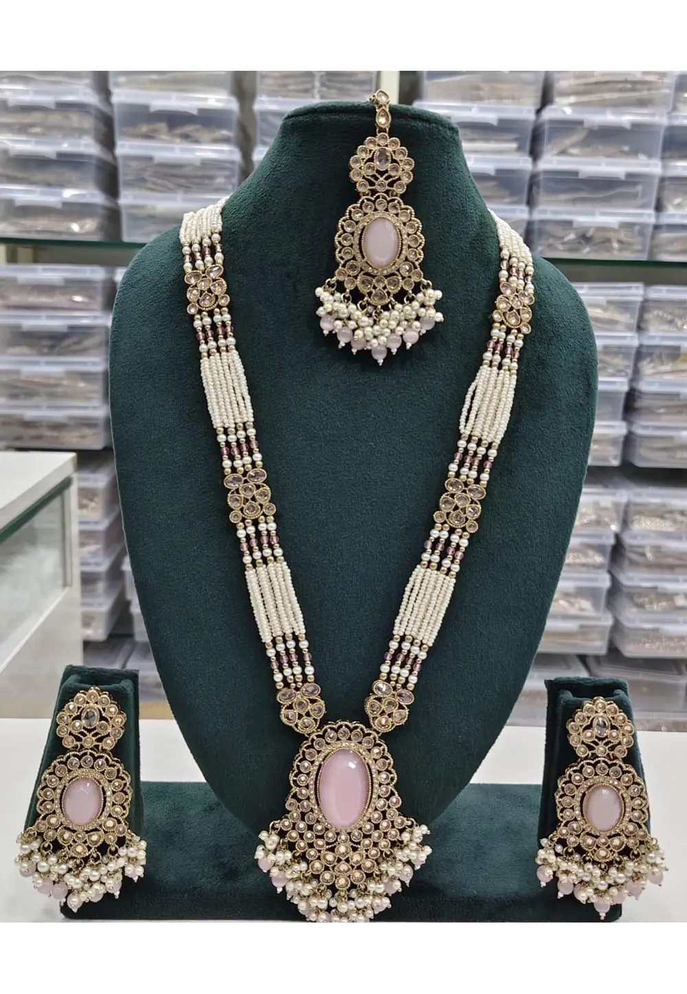 Pink Alloy Necklace Set With Earrings and Maang Tikka 336699
