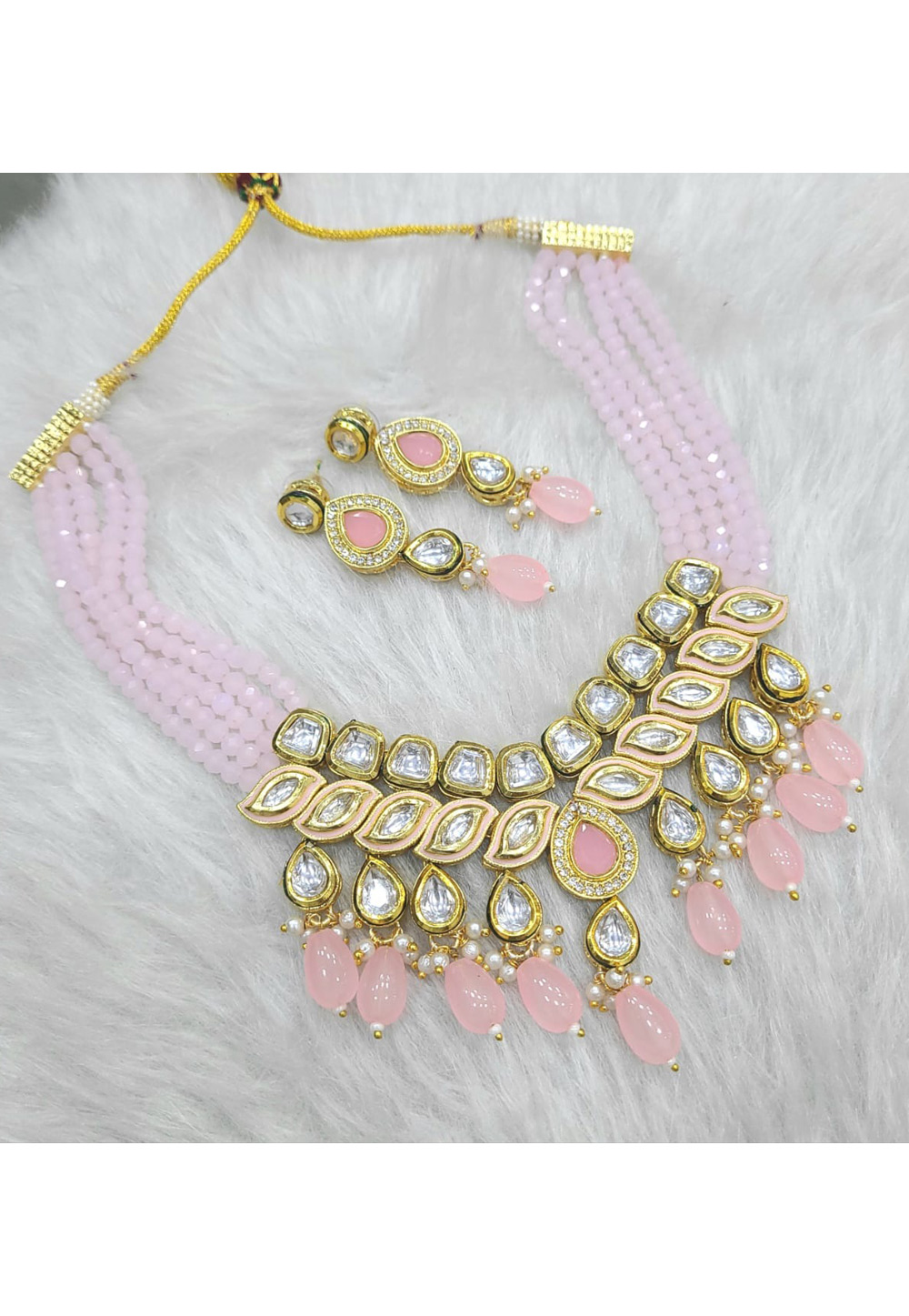 Pink Alloy Necklace With Earrings 313532