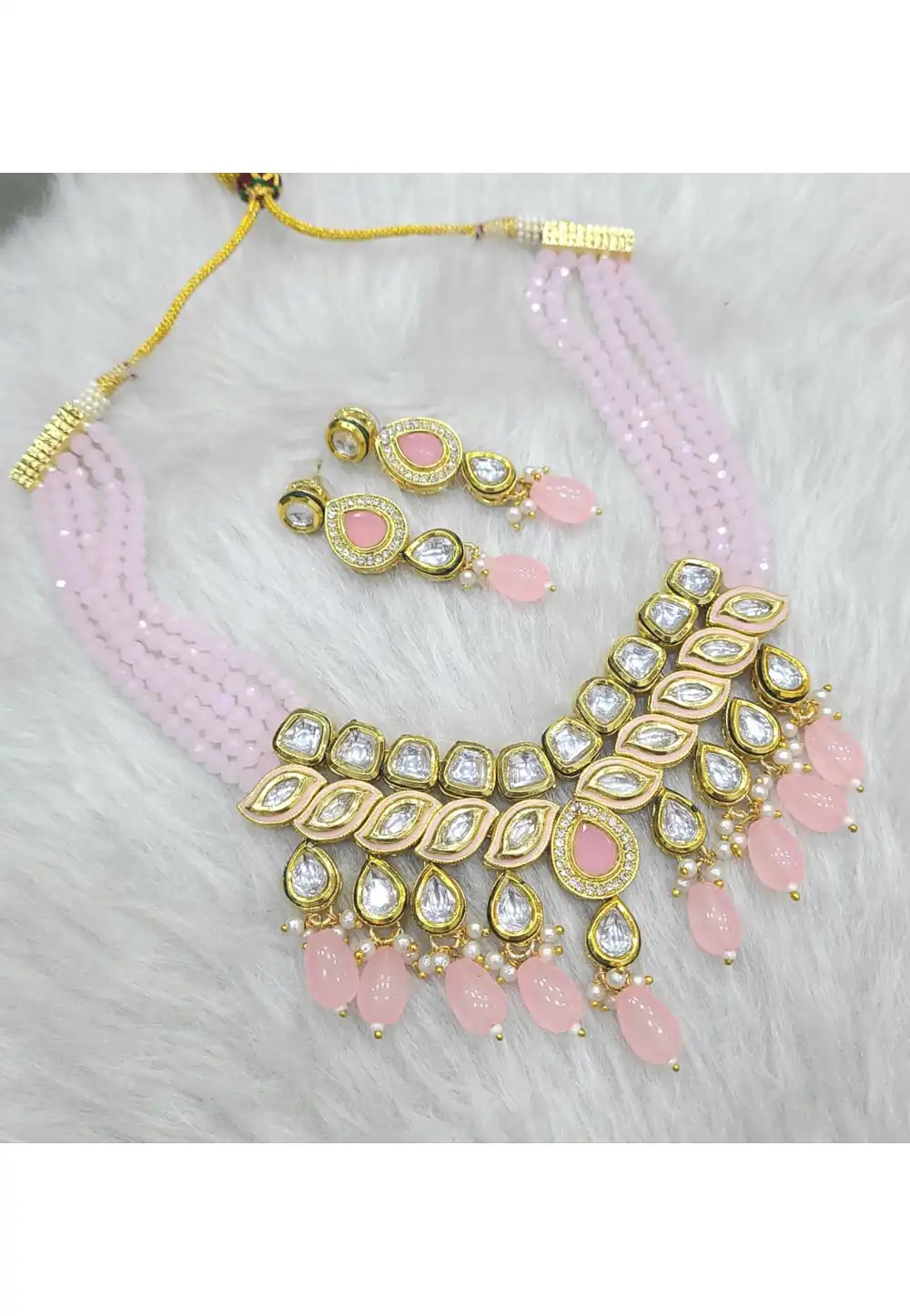 Pink Alloy Necklace With Earrings 313532