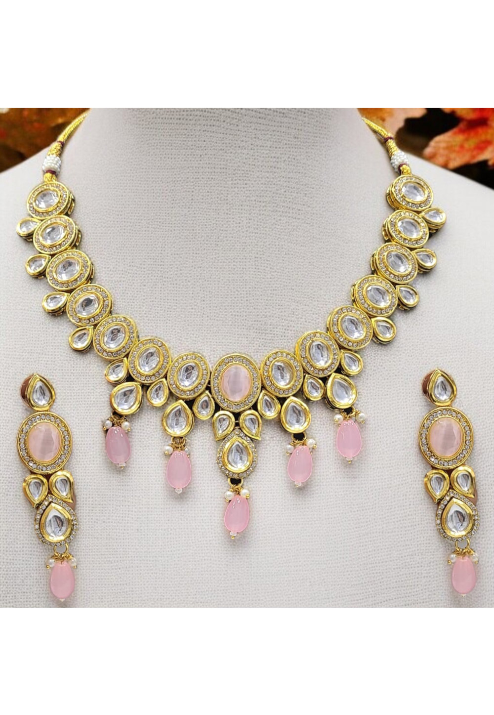 Pink Alloy Necklace With Earrings 313537
