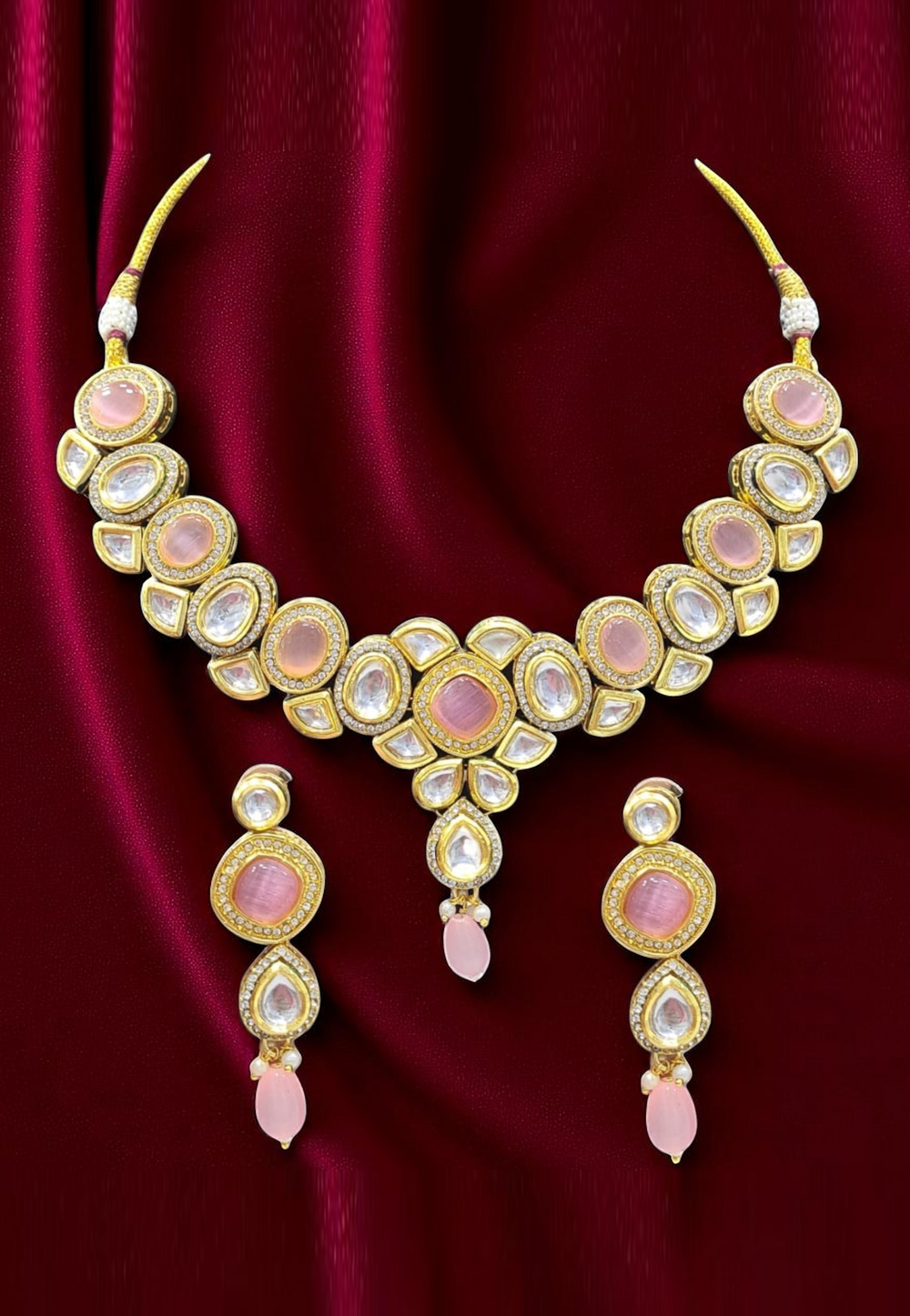 Pink Alloy Necklace With Earrings 313548