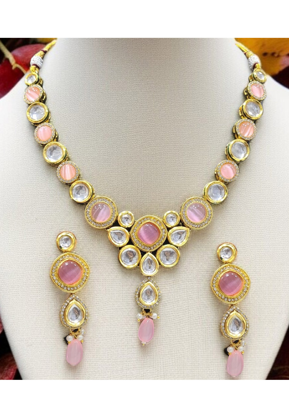 Pink Alloy Necklace With Earrings 313938