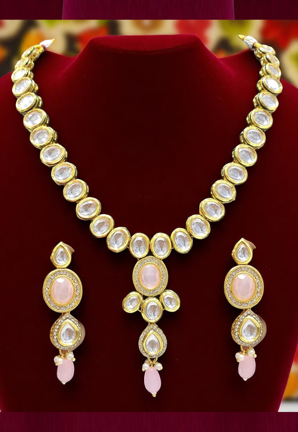 Pink Alloy Necklace With Earrings 314375