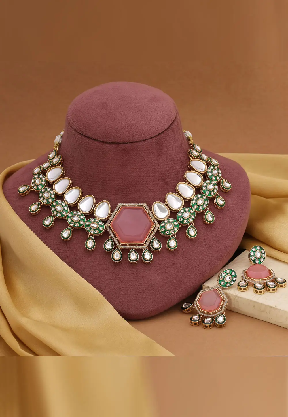 Pink Alloy Necklace With Earrings 332192