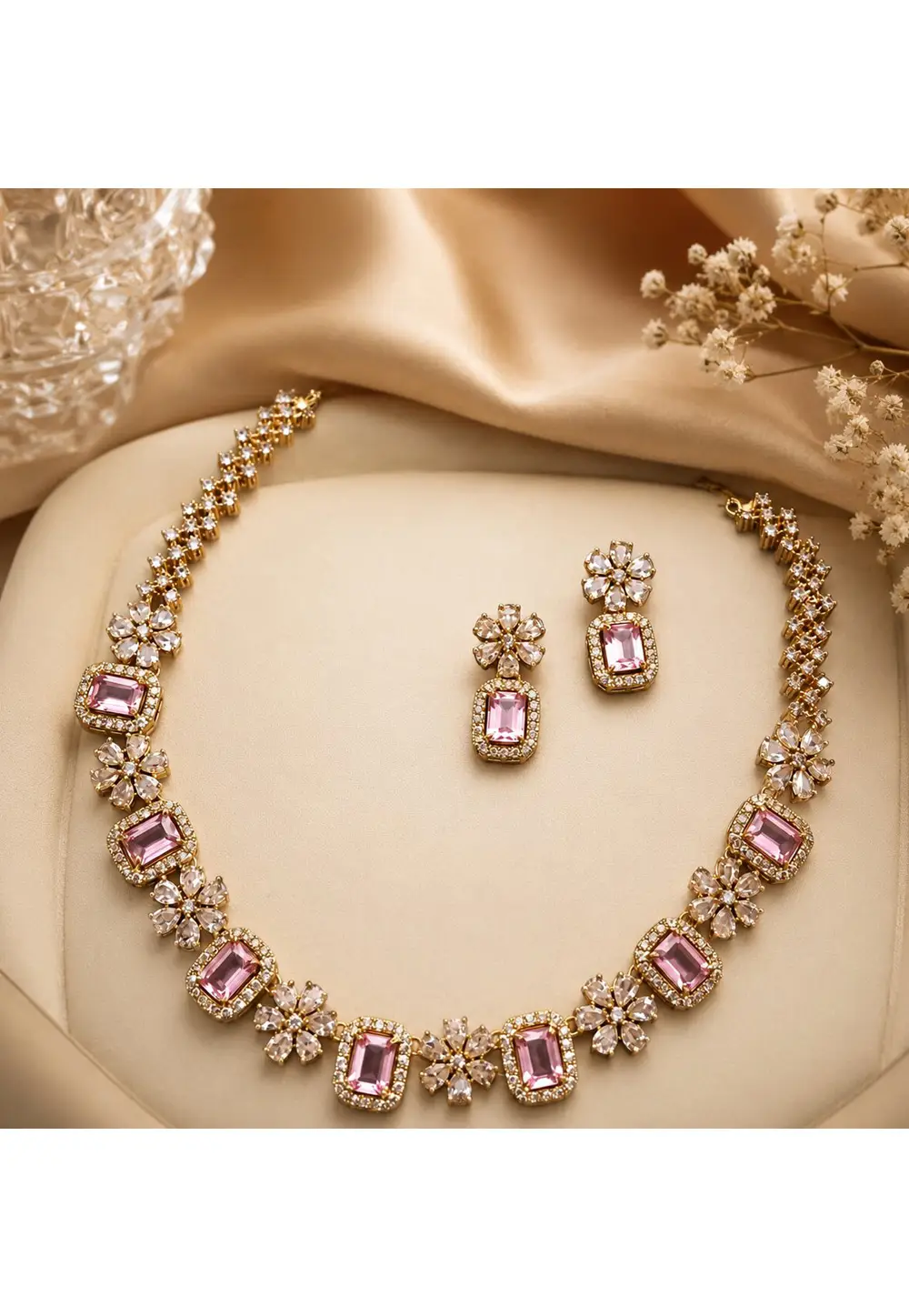 Pink Alloy Necklace With Earrings 332532