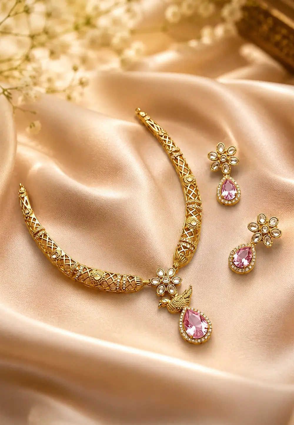 Pink Alloy Necklace With Earrings 332536