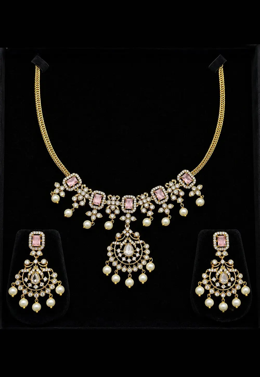 Pink Alloy Necklace With Earrings 334074