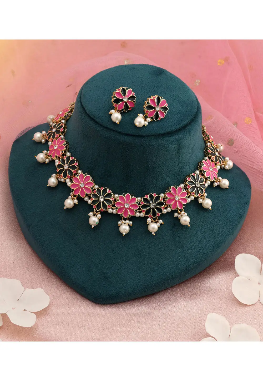 Pink Alloy Necklace With Earrings 336692