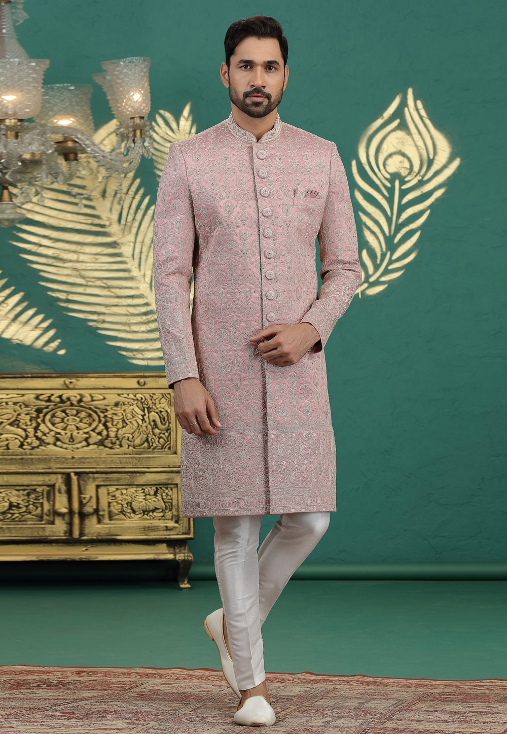 Pink Art Silk Achkan Style Sherwani 319008