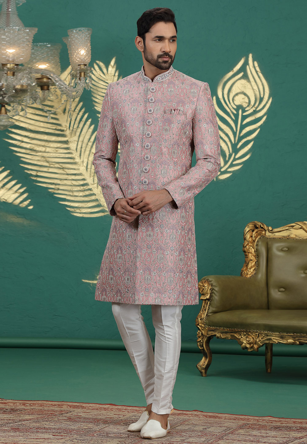 Pink Art Silk Achkan Style Sherwani 319010