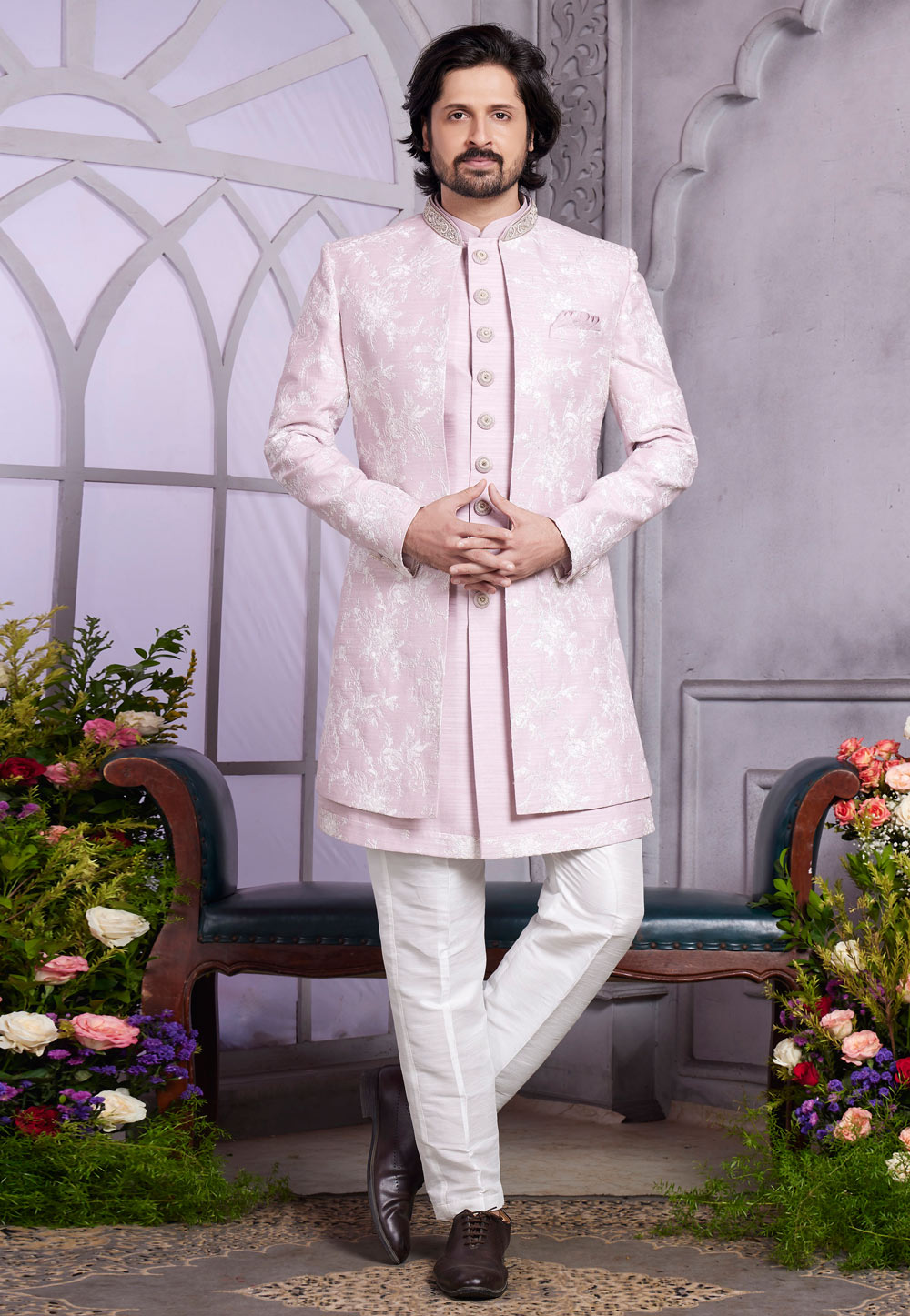Pink Art Silk Jacket Style Sherwani 308601