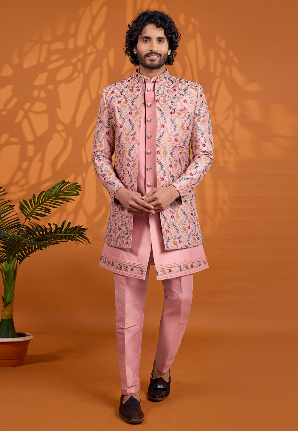 Pink Art Silk Jacket Style Sherwani 330238