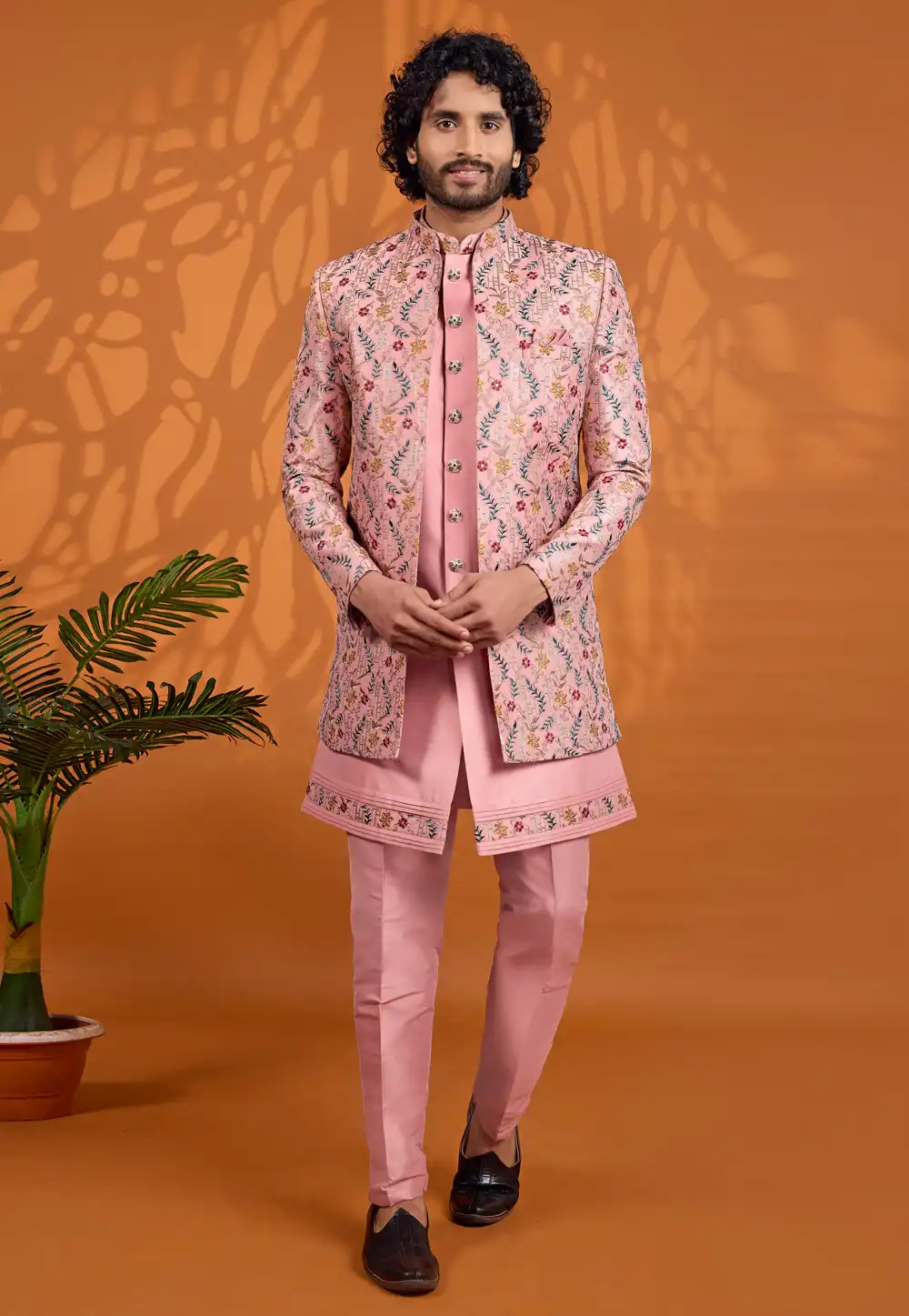 Pink Art Silk Jacket Style Sherwani 330238