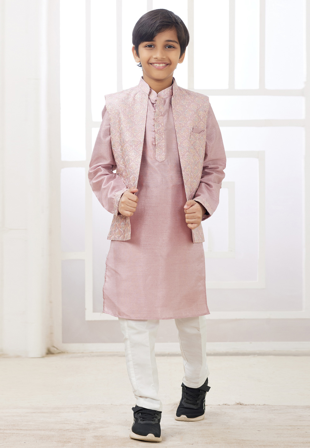 Pink Art Silk Kids Kurta Pajama With Jacket 308577